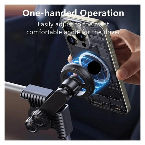 Slick Ride Ready 15W Magnetic Wireless Charger Car Phone Vent Clip Holder Fits Tesla Model Y Juniper Highland Cybertruck And Byd Seal In Dope Brown Finish, showcasing one-handed operation adjustment for comfort.