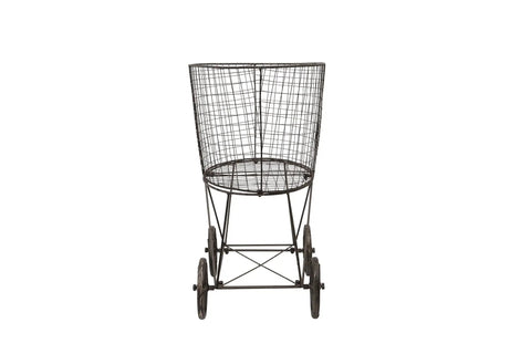 Old School Vintage Metal Laundry Basket On Wheels With Durable Frame In Gray Finish, 25 By 15 By 26.75 Inches, front view