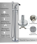 Freestanding Bathtub Faucet With Hand Shower Set Floor Mounted Waterfall Tub Filler Single Handle Chrome Polished Bath Fixtures Includes Hot And Cold Lines With 3/8 Inch Connectors For Easy Install Sedal Ceramic Disk Cartridge featuring 360 degree swivel spout and brass baseplate.