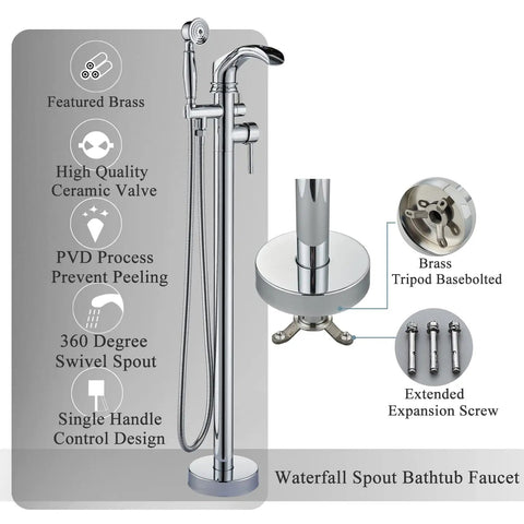 Freestanding Bathtub Faucet With Hand Shower Set Floor Mounted Waterfall Tub Filler Single Handle Chrome Polished Bath Fixtures Includes Hot And Cold Lines With 3/8 Inch Connectors For Easy Install Sedal Ceramic Disk Cartridge featuring 360 degree swivel spout and brass baseplate.