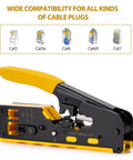 Pro Grade RJ45 Crimp Tool Pass Through Kit With Built-In Tester All In One Ethernet Crimping Set For Cat5 Through Cat8 displayed