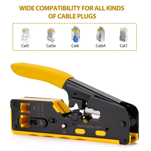 Pro Grade RJ45 Crimp Tool Pass Through Kit With Built-In Tester All In One Ethernet Crimping Set For Cat5 Through Cat8 displayed