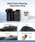 Pro Grade DSLR Style Phone Grip With Bluetooth Remote For iPhone And Android Phones next to image of grip details and features.