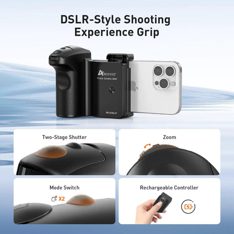 Pro Grade DSLR Style Phone Grip With Bluetooth Remote For iPhone And Android Phones next to image of grip details and features.