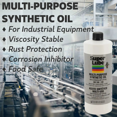 Go-To All Purpose Synthetic Oil For Heavy-Duty Industrial Equipment With Syncolon bottle in an industrial setting