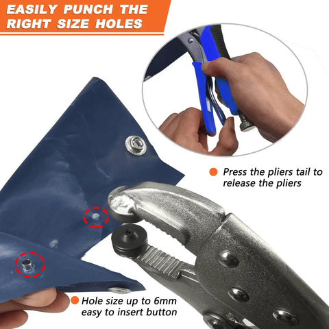 Marine Snap Fasteners Kit With 60 Stainless Steel 15mm Snaps And Pliers for precise hole punching and installation on blue fabric.