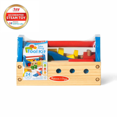 Take Along Tool Kit Wooden Construction Toy Set For Little Builders With 24 Pieces in package, showing hammer and colorful tools
