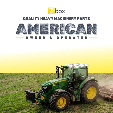 John Deere tractor in field with text 'Quality Heavy Machinery Parts American Owned & Operated' above