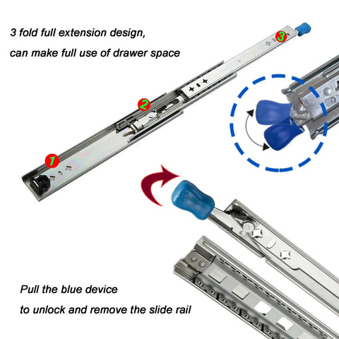 Heavy Duty Drawer Slide Rails With Secure Locking System And Detachable Under Desk Keyboard Tray showing 3 fold full extension design and unlock mechanism.