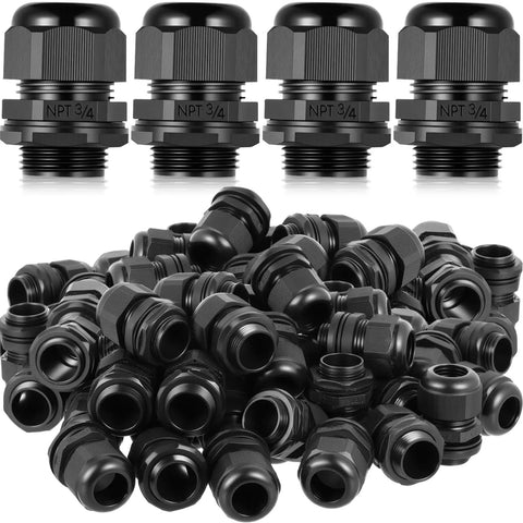 50 Pack 3/4 Inch NPT Black Nylon Cable Glands IP68 Waterproof, Adjustable Locknut, Cable Diameter Compatible, Durable Waterproof Connectors And Cord Grip For Outdoor, Marine, And Industrial Use, stacked black glands