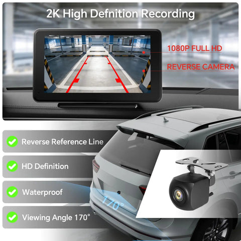 1080P backup camera view on wireless CarPlay and Android Auto car stereo with 7-inch HD touchscreen, parked SUV visible.