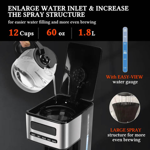 Programmable 12 Cup Coffee Maker With Four Brew Strength Options Hot And Iced Coffee Large LED Display open water filling