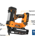 Cordless 20 Volt 16 Gauge Finish Nailer Tool Only With 1300 Shots Per Charge showing ergonomic handle and safety mechanism.