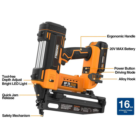 Cordless 20 Volt 16 Gauge Finish Nailer Tool Only With 1300 Shots Per Charge showing ergonomic handle and safety mechanism.