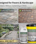 Heavy Duty Water Based Paver And Concrete Sealer Shields Brick Stone Masonry Locks Joint Sand Boosts Raw Color UV Shield Waterproof Patio Armor displayed with concrete and brick pavers.