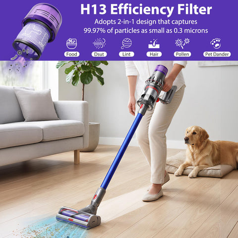 Woman vacuuming hardwood floor with Dyson featuring Three Pack Replacement Vacuum Filters For Dyson V11 And V15 Series Easy Install Compatible With V11 Origin V11 Torque Drive V11 Animal V11 Complete V11 Extra V15 Detect And V15s Detect Submarine Vacuums Compare To Part 970013 02