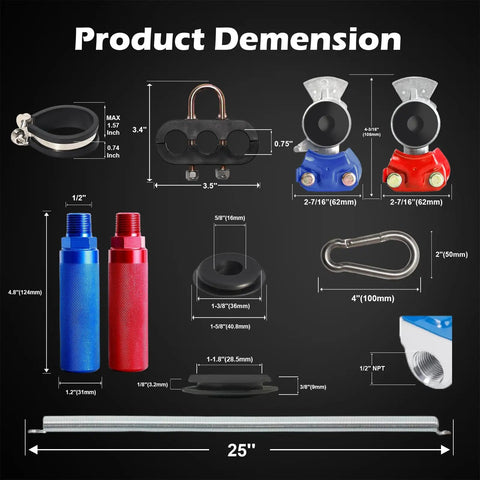 Dimensions and components of 12 Ft 3 In 1 Air Line Kit For Semi Truck With Air Hoses And Power Line Gladhands Handles