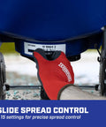 Hand adjusting settings on 80 Lb Salt Spreader For Ice Melt And Winter Weather, Walk Behind Residential Broadcast Spreader With Spiked Auger.