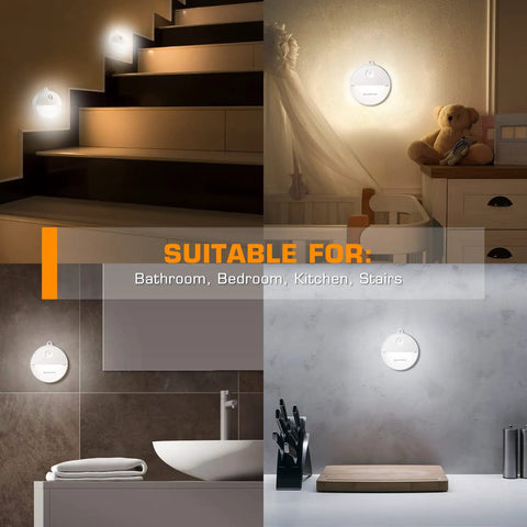 Motion Sensor Night Light With Auto On Off, No Fuss Cool White LED Path Light illuminating stairs, bathroom, kitchen and bedroom.