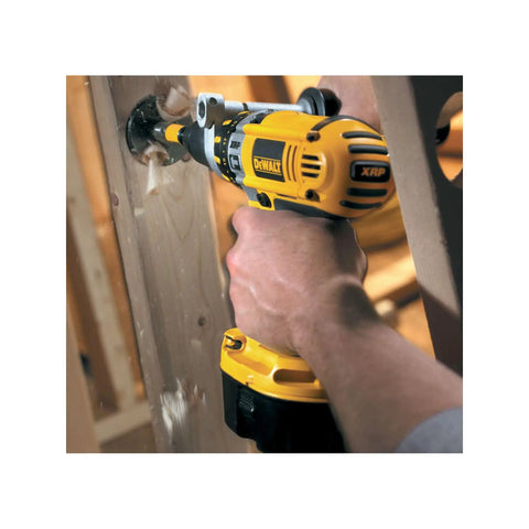 Workhorse Self Feed Spade Drill Bit For Tough Job Sites And 28 Millimeter Aggressive Cutters With Lockdown Shank And Lightning Fast Wood Piercing Performance Built For Cordless And Wired Power Drills in use with a DeWalt drill.
