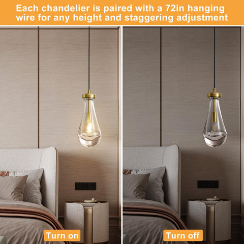 Brass Raindrop Pendant Light Fixture For Kitchen Island And Dining Room illuminated and non-illuminated in bedroom setting