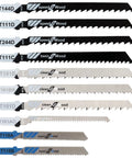 Front view of ten T-shank jigsaw blades for wood, metal and plastic; assorted 10-piece set by Amazon.