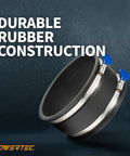 Solid Build 6 To 4 Inch Dust Collection Hose Reducer Adapter featuring slip on flex collar and heavy gauge steel clamps, durable rubber construction.