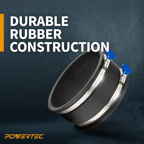 Solid Build 6 To 4 Inch Dust Collection Hose Reducer Adapter featuring slip on flex collar and heavy gauge steel clamps, durable rubber construction.