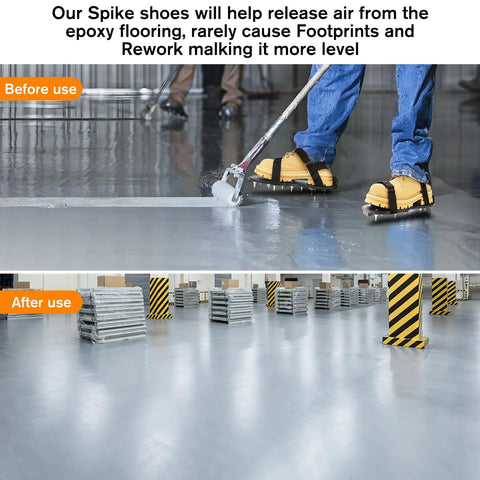 Epoxy Floor Spiked Shoes Fully Assembled With Three Quarter Inch Short Spikes For Gunite And Garage Floor Overlays in use