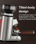 Top Shelf Conical Burr Coffee Grinder Featuring A Six Degree Tilted Body For Zero Mess Grinds And Hassle Free Cleanup In Sleek Metallic Silver Finish.
