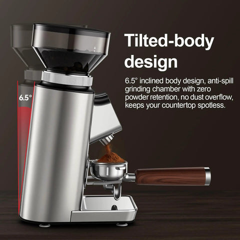Top Shelf Conical Burr Coffee Grinder Featuring A Six Degree Tilted Body For Zero Mess Grinds And Hassle Free Cleanup In Sleek Metallic Silver Finish.