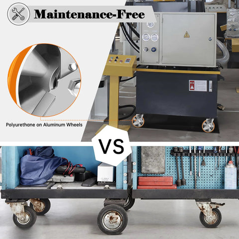 Beefy 6 Inch Industrial Grade Heavy Duty Caster Set Of Four With Brakes, 1250 Lbs Per Caster, shown under machinery vs old casters.
