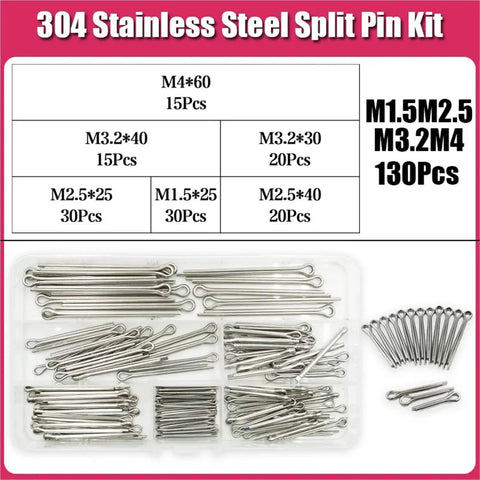 Stainless Steel Cotter Pin Set, 3-Box Assortment M1.5 To M6 With Whistle Hairpin And U Pin Styles, 304 steel 130 pieces