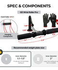 Hanging Wrist Roller Pro Forearm Trainer detail with 6.2-inch grip, aluminum build, gloves, and red cord for climbing and weightlifting.