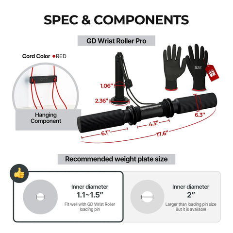 Hanging Wrist Roller Pro Forearm Trainer detail with 6.2-inch grip, aluminum build, gloves, and red cord for climbing and weightlifting.