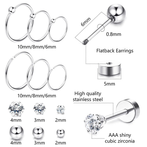 Hypoallergenic Surgical Steel Cartilage Earrings Set For Women With Flat Back Design Includes 12 Tiny Ball Studs And 6 Hoop Pairs CZ Studs Ideal Multi Piercing Jewelry For Helix Tragus First Second And Third Holes, 10mm/8mm/6mm hoops