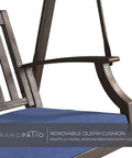 Close-up of wooden armrest and removable dark blue cushion on Two Seat Patio Swing With Adjustable Tilt Canopy Outdoor Porch Swing Farmhouse Style With Removable Cushions Dark Blue Smooth Gentle Motion From Heavy Duty Springs And Reinforced Bottom For Cozy Outdoor Chill.