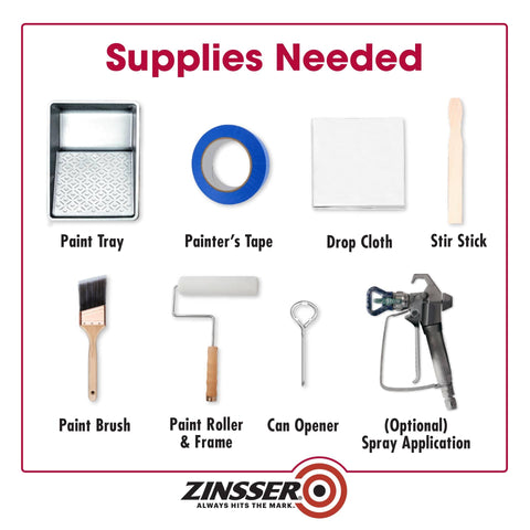 Supplies needed for using Water Based Gardz Problem Surface Sealer Quart including paint tray, roller, brush, tape, cloth.