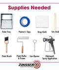Image showing essential supplies including paint tray, painter's tape, drop cloth, stir stick, paint brush, roller, and sprayer for Gardz Water-Based Problem Surface Sealer 1 Gal Clear Interior Sealer For Drywall Repairs, Seals Torn Paper, Skim Coats, Spackling, Old Wallpaper Adhesive, Prevents Bubbles, Fast Drying, High Spread Rate, Easy Application application.