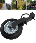 Built Tough 6 Inch Heavy Duty Gate Wheel With Solid Rubber Tire That Won Quit Supporting Up To 500 Lbs On Metal Farm Or Chain Link Fence Fits 1 To 2 Inch Tubes For Relentless Outdoor Duty, featuring black rubber tire and metal bracket.