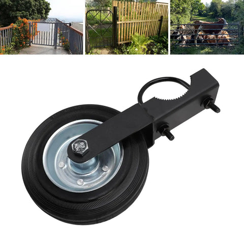 Built Tough 6 Inch Heavy Duty Gate Wheel With Solid Rubber Tire That Won Quit Supporting Up To 500 Lbs On Metal Farm Or Chain Link Fence Fits 1 To 2 Inch Tubes For Relentless Outdoor Duty, featuring black rubber tire and metal bracket.