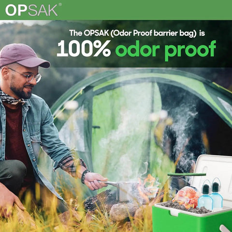 Man cooking near tent with Odor Proof Dry Bags For Backpacking And Camping Reusable Resealable Storage Bags 28x20 Inches