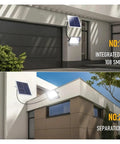 JUDYSSY 200W Solar Spotlight Flood Light Bright Outdoor Remote Control Solar LED on a wall with solar panel attached.