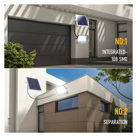 JUDYSSY 200W Solar Spotlight Flood Light Bright Outdoor Remote Control Solar LED on a wall with solar panel attached.