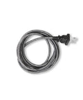 Coiled black and silver braided power cord with plug, designed for durability and style.