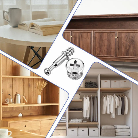 10 Piece Furniture Connecting Rods And 10 Cam Locks Set For Cabinets And Wardrobes displayed in home settings.