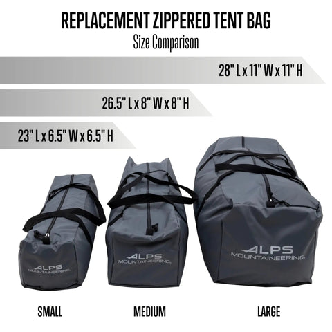 Three gray tent bags in different sizes with easy carry straps, labeled small, medium, and large. Large Zippered Tent Bag For Camping Gear With Easy Carry Strap, Durable Gray Storage Sack For Tents And Accessories, Replacement Tote For Outdoor Campouts, Fits Large Tents And Gear.