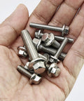 Hand holding assorted Beefy 240 Piece M5 M6 M8 Flanged Bolts And Nuts Set In Stainless Steel 304 Includes 14 Common Sizes For DIY Projects Automotive Machinery And Home Repairs Ready.