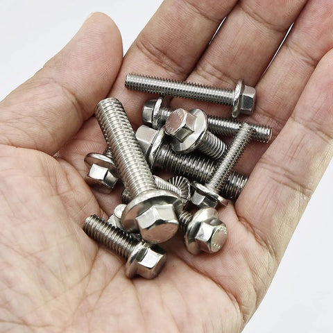 Hand holding assorted Beefy 240 Piece M5 M6 M8 Flanged Bolts And Nuts Set In Stainless Steel 304 Includes 14 Common Sizes For DIY Projects Automotive Machinery And Home Repairs Ready.