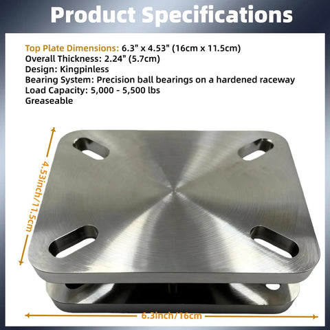 Heavy Duty Bearing Turntable Plate 5500 Lb Rating Greaseable Kingpinless Design for Workstations, 6.3x4.53 Inches, top view